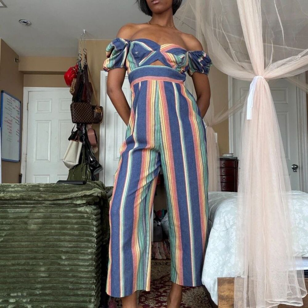Ali & Jay Rainbow Stripe Off-Shoulder Jumpsuit (Size: S)